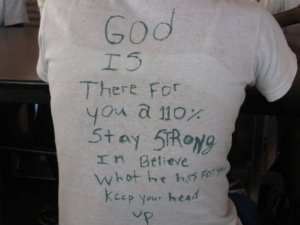 On the back of a shirt of one of the young girls at the Maison D'Amor Girls Home.